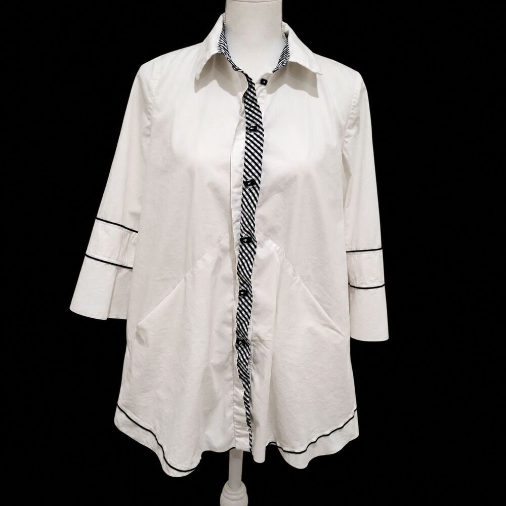 IC by Connie K Black White Button Front Tunic Blouse Contrast Trim M
